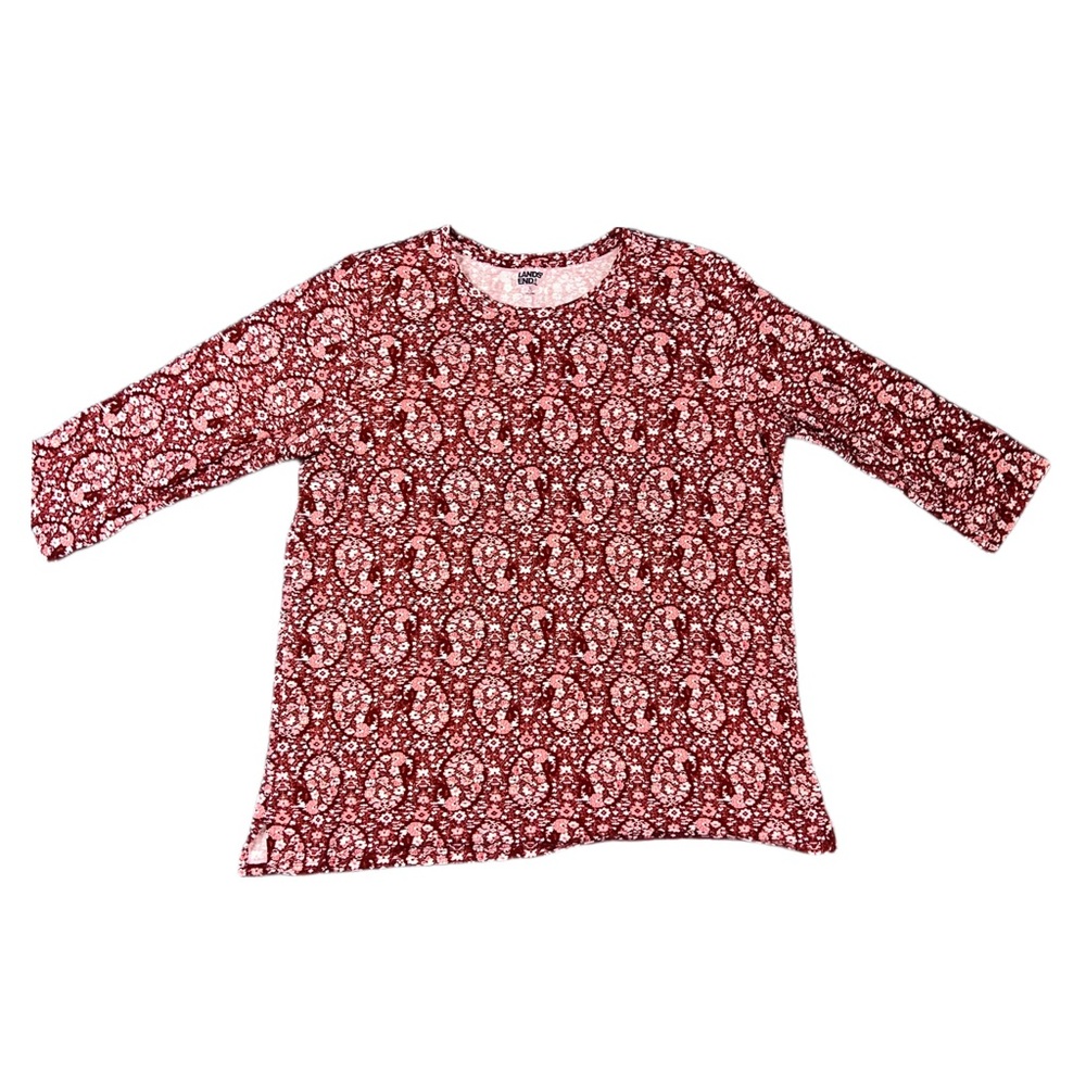 Lands’ End Women’s Large Burgundy Floral 3/4 Sleeve Cotton Top